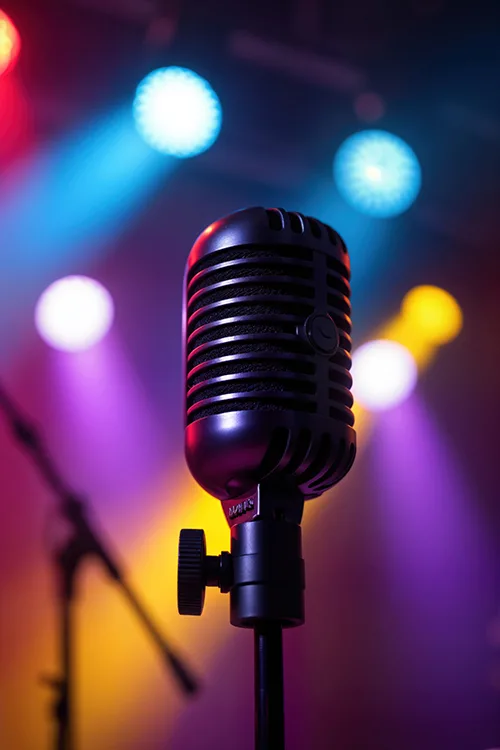 Vintage Microphone On Stage Under Colorful Stage Lights. Live Music Performance Setting. Studio Concert Environment. Audio Equipment For Singing Speech Event. Pro Equipment Setup For Entertainment