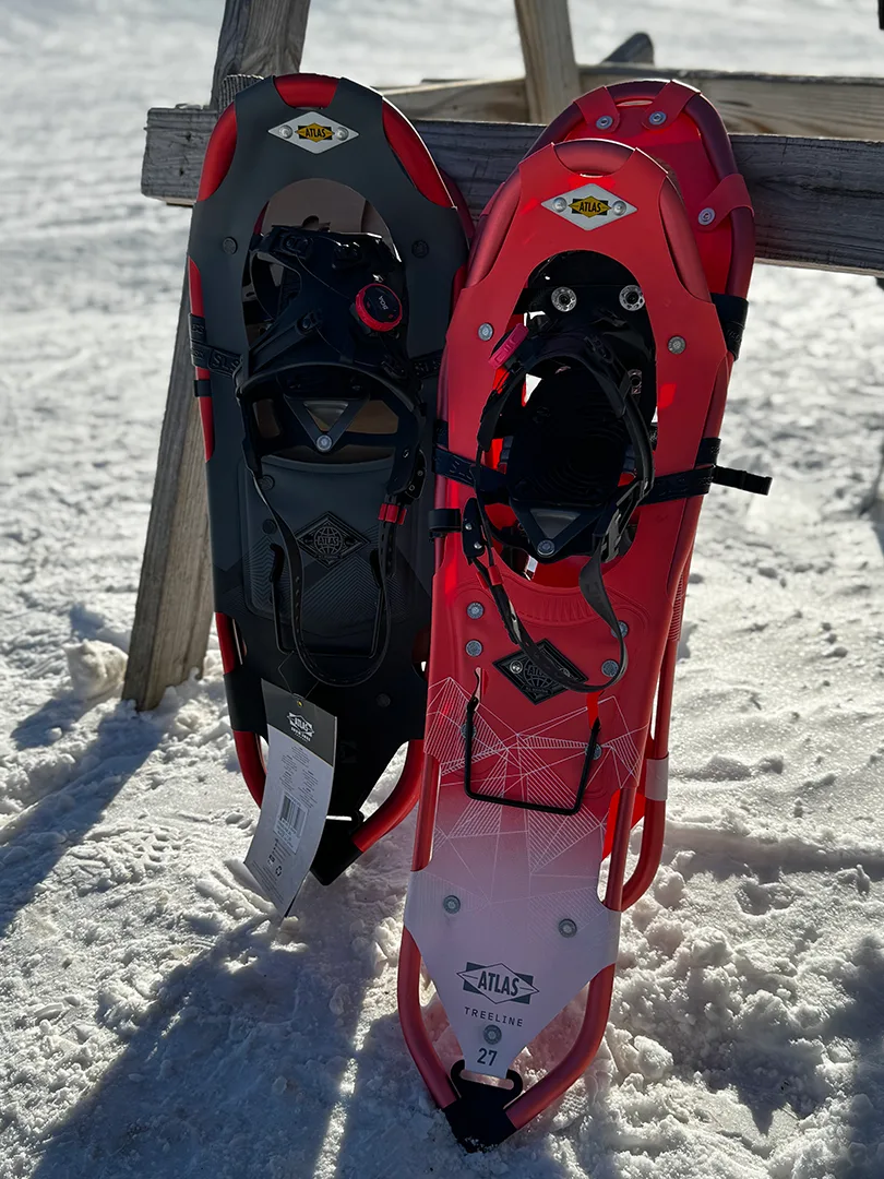 Red Dark Grey Snowshoes standing upright in snow